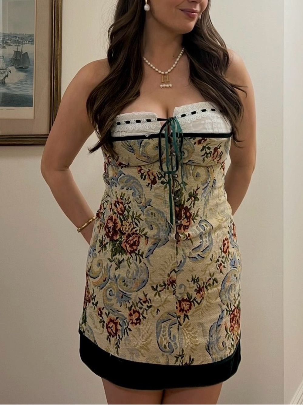With Jean Floral Brocade Strapless Dress in Beige, Green and Red